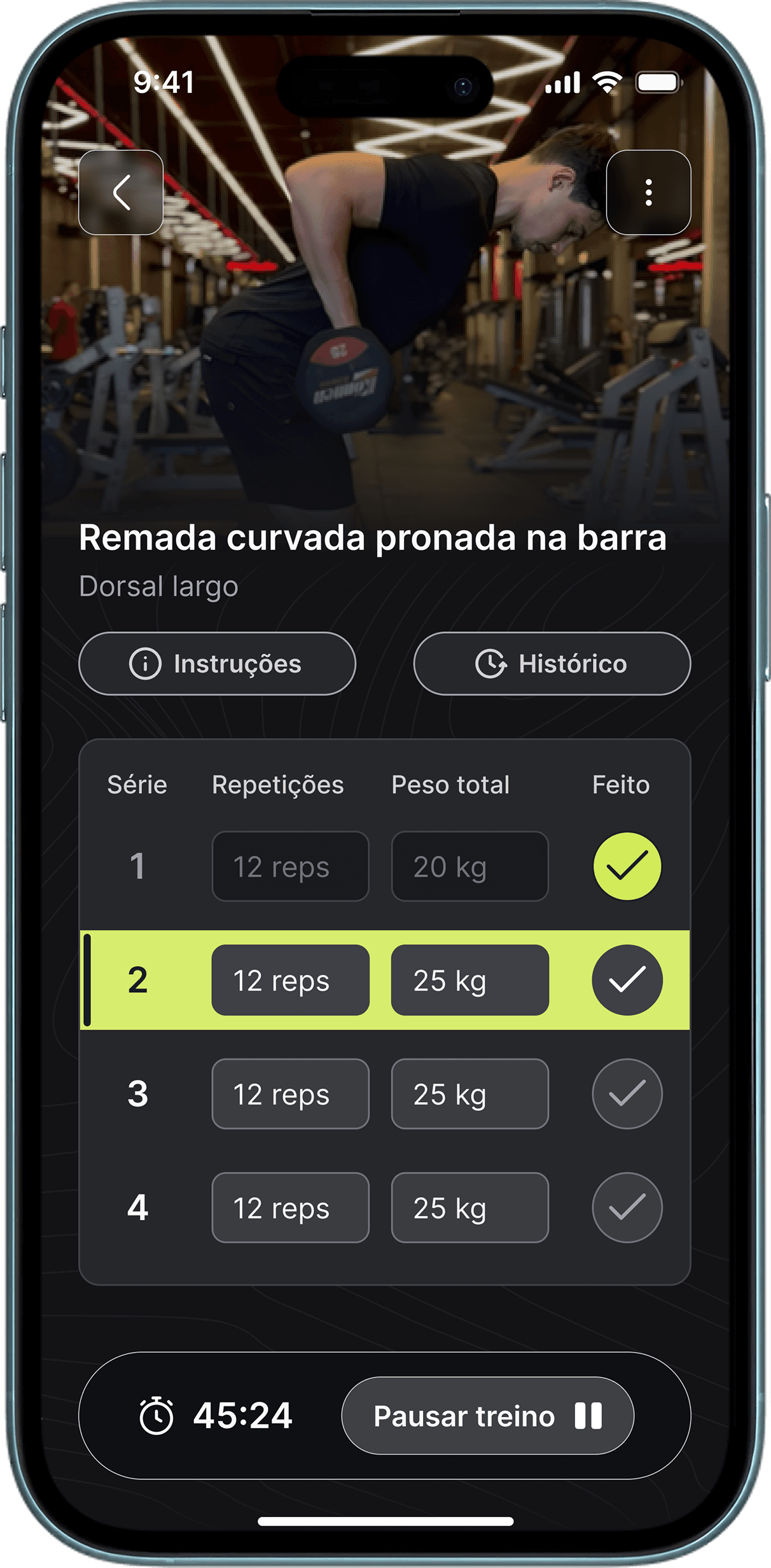 Tela do app inShape: Como o registro acontece durante o treino