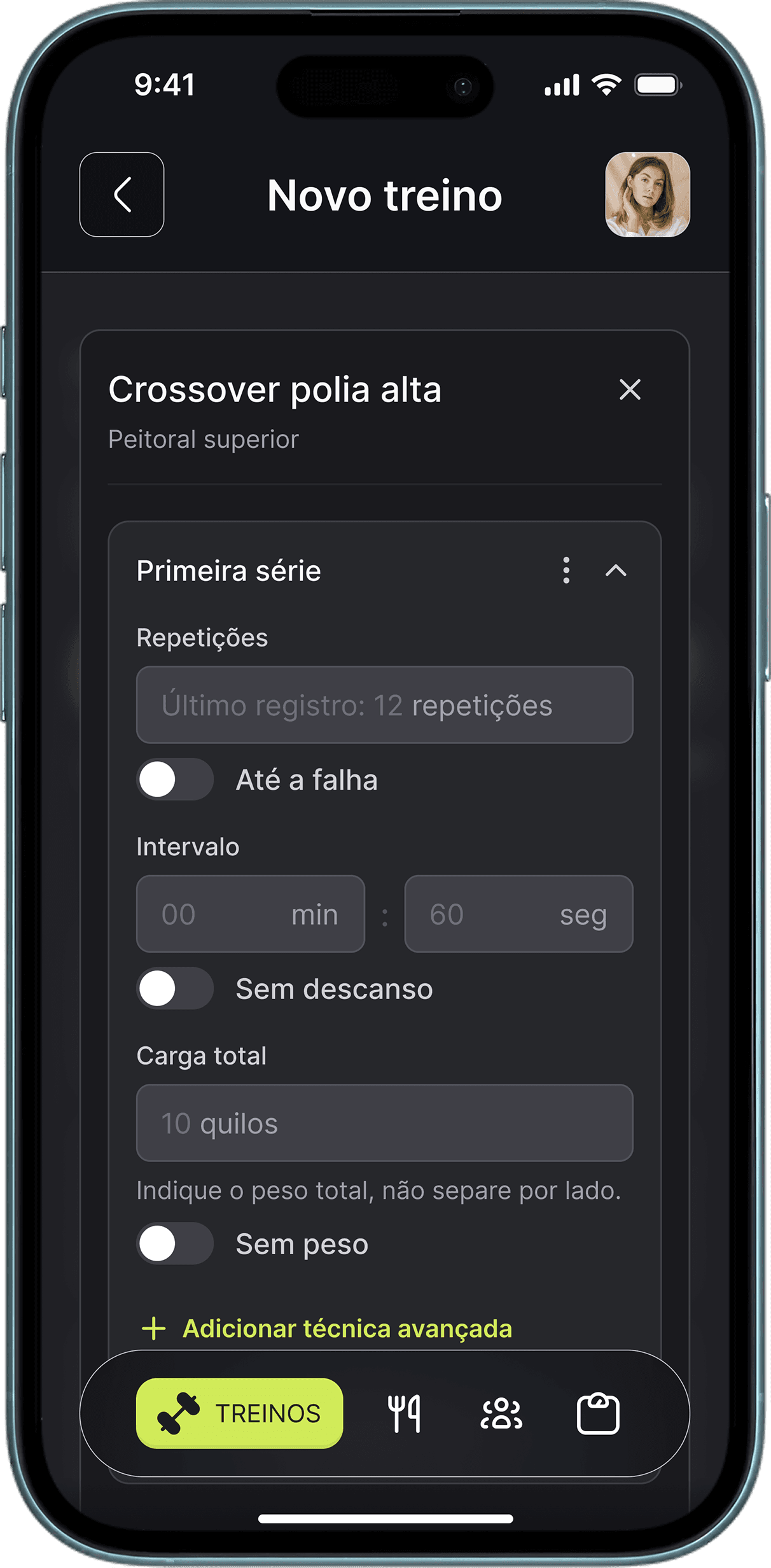 Tela do app inShape: O que você controla na criação manual