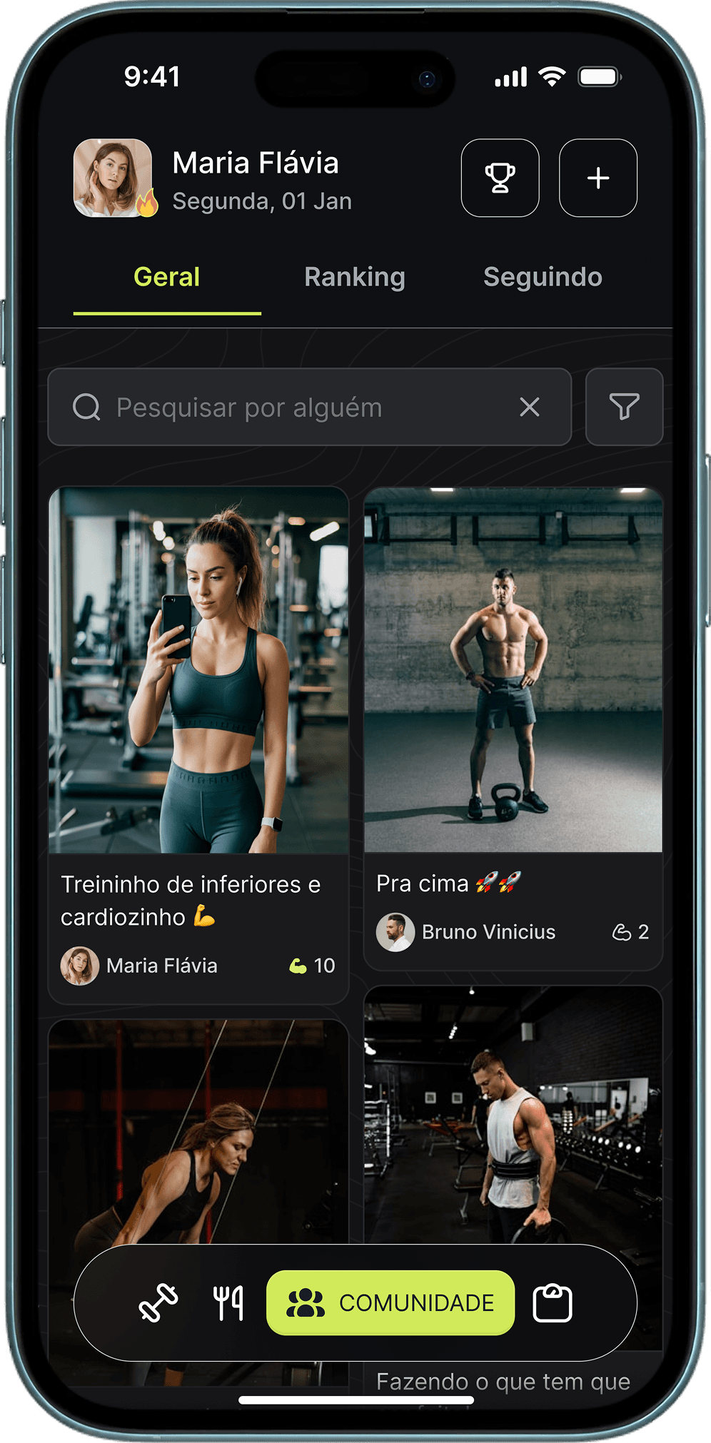 Tela do app inShape: Feed de treinos e publicações