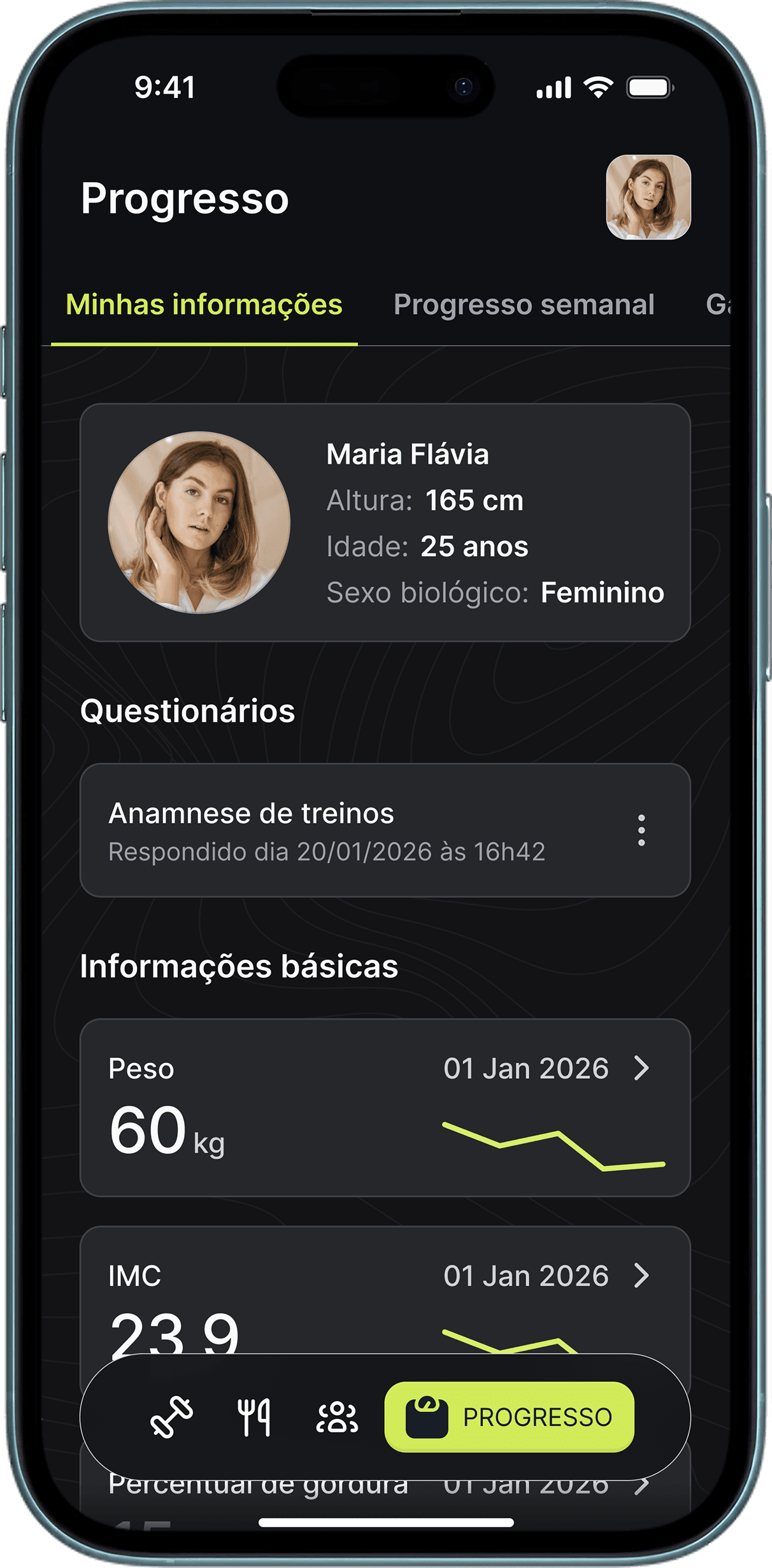 Tela do app inShape: O que o app registra