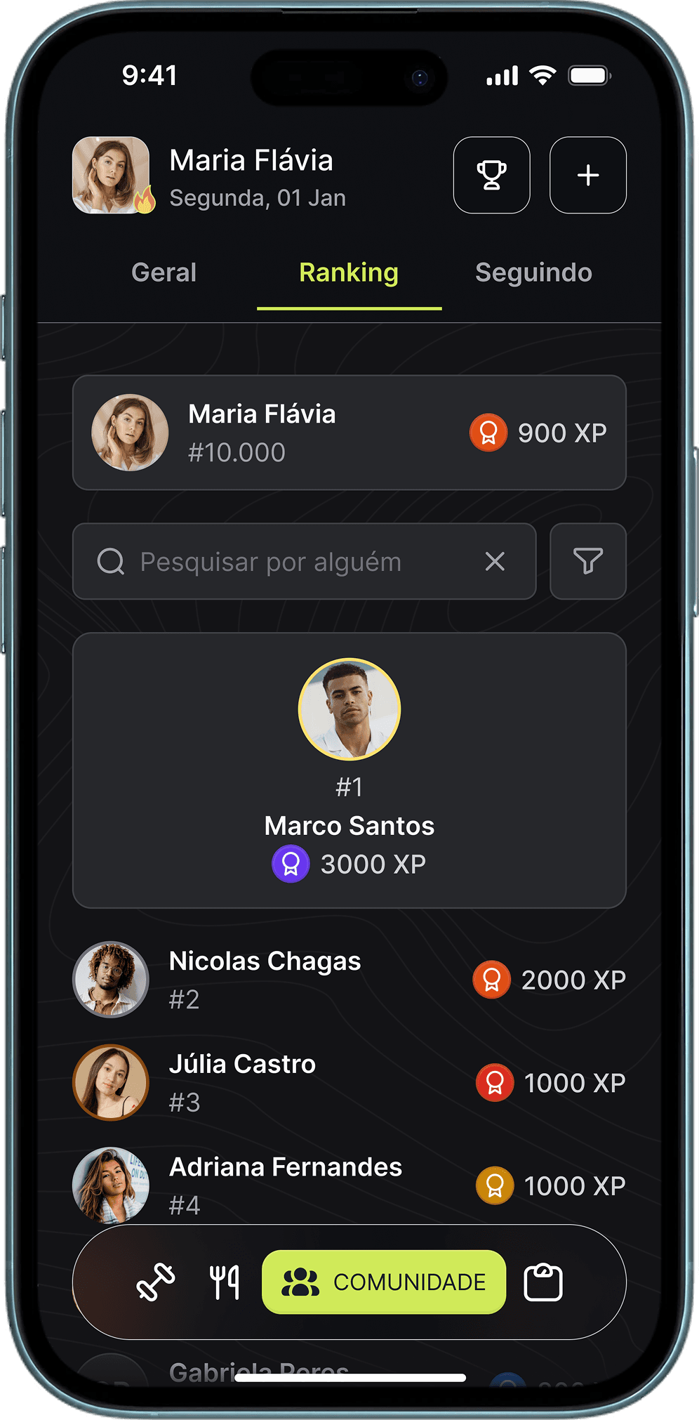 Tela do app inShape: Ranking global de atividades
